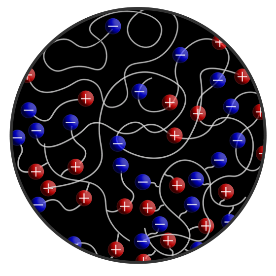 Illustration of net-neutral polyelectrolyte melts showing positive and negative charges